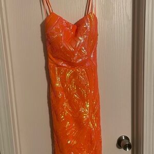 Iridescent Orange Sequin Mini Dress with Double Spaghetti Straps
